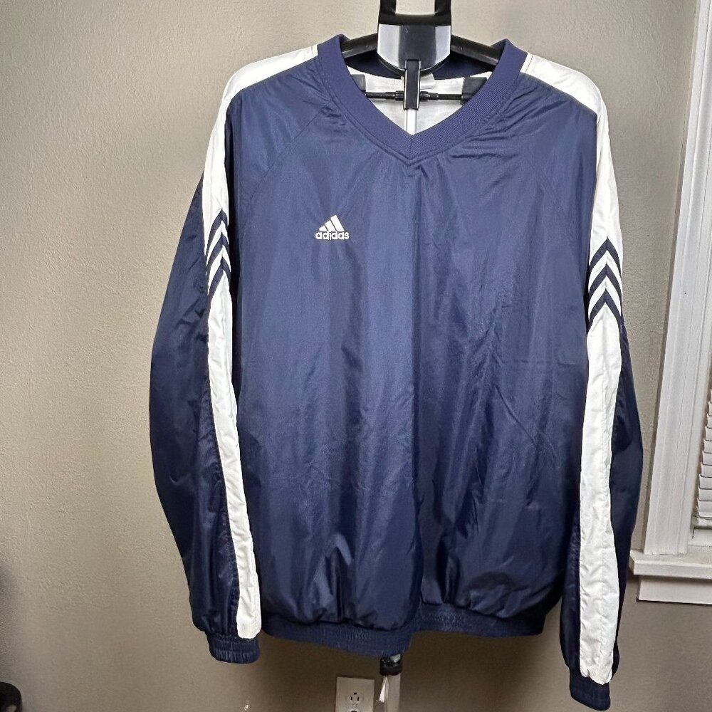 Adidas Men's Vintage Windbreaker Navy Blue V-neck Track Jacket Pullover XL